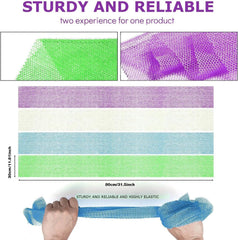 UJFQBH 4 Pieces African exfoliating net African Net Long Net Bath Sponge Exfoliating Shower Body Scrubber Back Scrubber Skin Smoother,Great for Daily Use (Purple, Blue, Green, White)