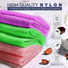 UJFQBH 3 Pieces African Bath Sponge African Net Long Net Bath Sponge Exfoliating Shower Body Scrubber Back Scrubber Skin Smoother,Great for Daily Use (Purple, Pink,Green)