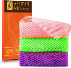 UJFQBH 3 Pieces African Bath Sponge African Net Long Net Bath Sponge Exfoliating Shower Body Scrubber Back Scrubber Skin Smoother,Great for Daily Use (Purple， Pink，Green)