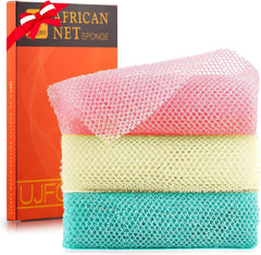 UJFQBH 3 Pieces African Net Sponge, African exfoliating net African Net Long Net Bath Sponge Exfoliating Shower Body Scrubber Back Scrubber Skin Smoother（Pink, Green, Off-White）