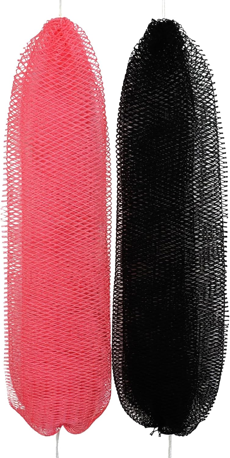 African Net Sponge Authentic, 2 Pieces African Exfoliating Net Sponge with Knots, Quick-Drying Body Scrub Net, Bath Washcloth Loofah for Women and Men (Black+Pink)