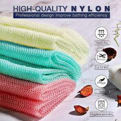 UJFQBH 3 Pieces African Net Sponge, African exfoliating net African Net Long Net Bath Sponge Exfoliating Shower Body Scrubber Back Scrubber Skin Smoother（Pink, Green, Off-White）