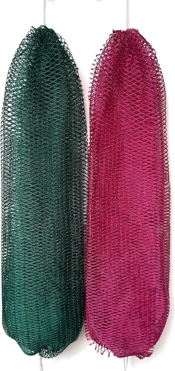 African Net Sponge Authentic, 2 Pieces African Exfoliating Net Sponge with Knots, Quick-Drying Body Scrub Net, Bath Washcloth Loofah for Women and Men (Dark Green+Rose)