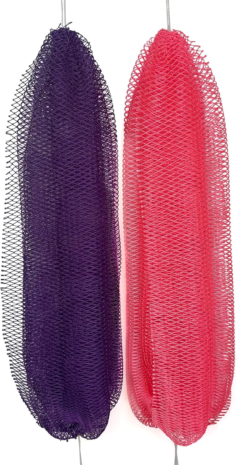 African Net Sponge Authentic, 2 Pieces African Exfoliating Net Sponge with Knots, Quick-Drying Body Scrub Net, Bath Washcloth Loofah for Women and Men (Purple+Pink)