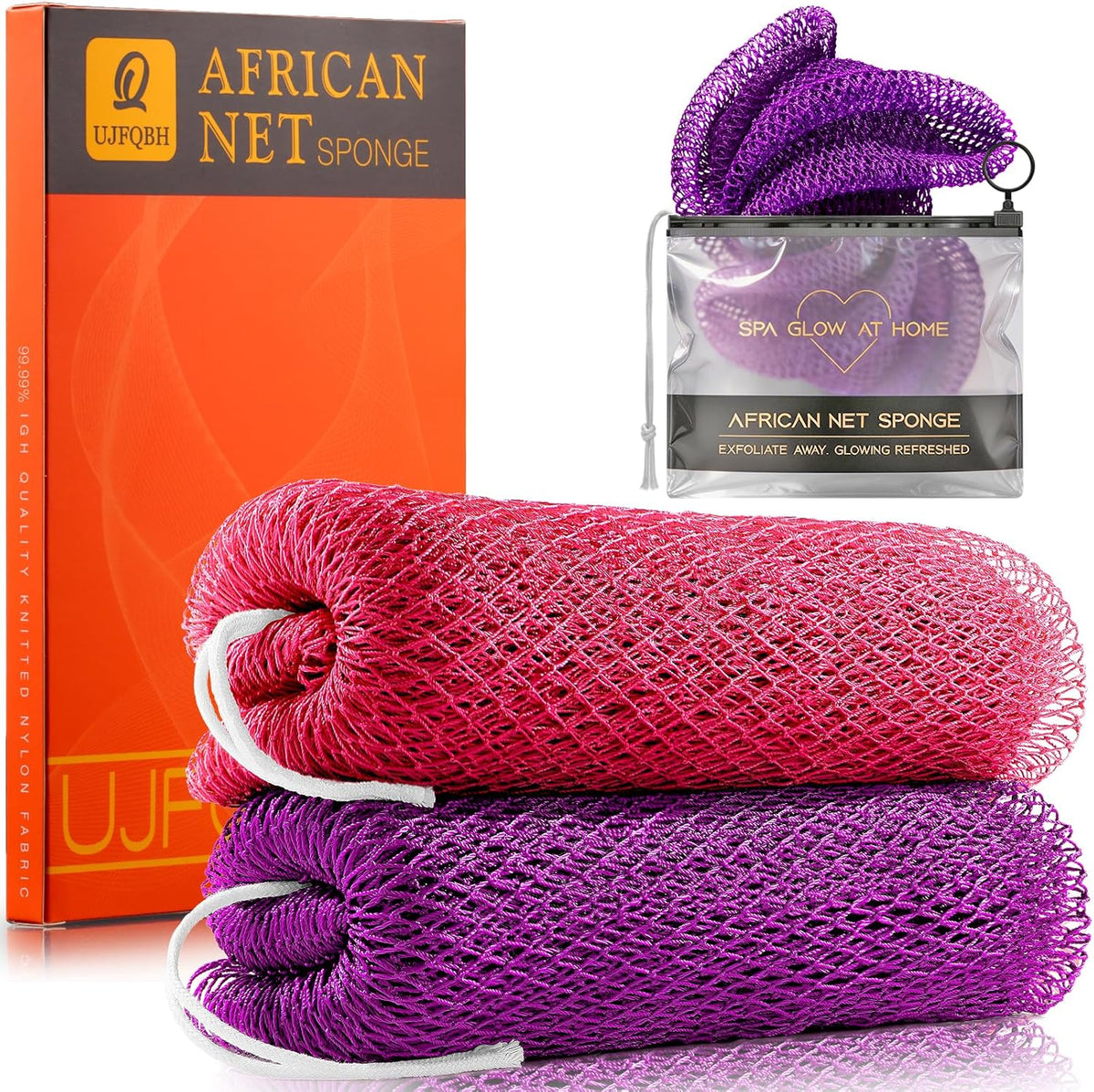 UJFQBH African Net Sponge Authentic 2-Pieces Exfoliating Body Scrubber for Shower & Bath, Deep Cleansing Lather for Dead Skin Removal, Back Scrubber for Women & Men (Pink 、Purple