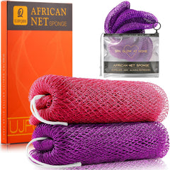 UJFQBH African Net Sponge Authentic 2-Pieces Exfoliating Body Scrubber for Shower & Bath, Deep Cleansing Lather for Dead Skin Removal, Back Scrubber for Women & Men (Pink 、Purple